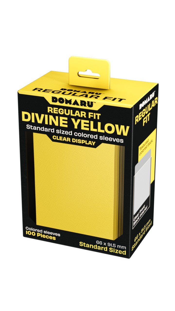 Gatherers' Tavern: Domaru Regular Fit Standard Sized Card Sleeve 100ct - Divine Yellow - Bright yellow rectangular box with black accents for 100 clear-display card sleeves labeled "Domaru Regular Fit Divine.
