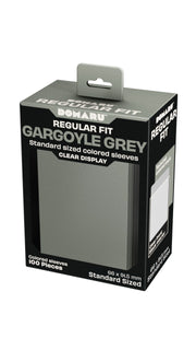 Gatherers' Tavern: Domaru Regular Fit Standard Sized Card Sleeve 100ct - Gargoyle Grey - Black and grey rectangular box with clear front display containing 100 gargoyle grey card sleeves for standard-sized cards.