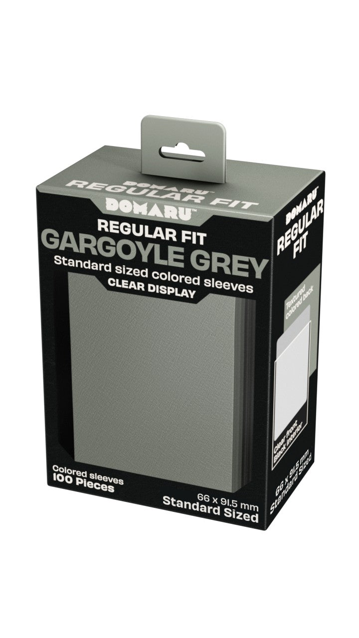Gatherers' Tavern: Domaru Regular Fit Standard Sized Card Sleeve 100ct - Gargoyle Grey - Black and grey rectangular box with clear front display containing 100 gargoyle grey card sleeves for standard-sized cards.