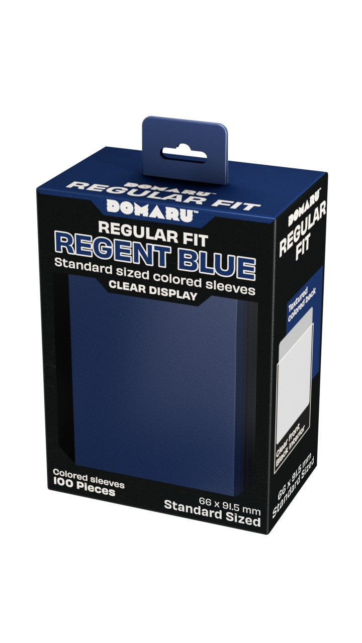 Gatherers' Tavern: Domaru Regular Fit Standard Sized Card Sleeve 100ct - Regent Blue - Regent blue rectangular card sleeves in a black and blue box with clear front window showing color.