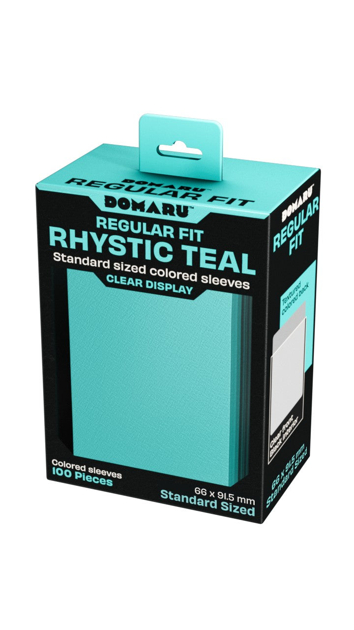 Gatherers' Tavern: Domaru Regular Fit Standard Sized Card Sleeve 100ct - Rhystic Teal - Box of Gatherers' Tavern Domaru card sleeves in rhystic teal, regular fit, 100 clear sleeves.