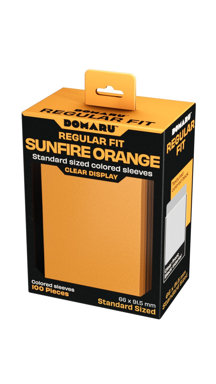 Gatherers' Tavern: Domaru Regular Fit Standard Sized Card Sleeve 100ct - Sunfire Orange - Sunfire orange card sleeves box with black and white text, rectangular packaging, 100 count, standard size.