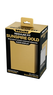 Gatherers' Tavern: Domaru Regular Fit Standard Sized Card Sleeve 100ct - Sunspire Gold - Sunspire gold card sleeve box holding 100 standard-sized card sleeves with clear display window.
