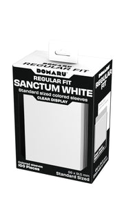 Gatherers' Tavern: Domaru Regular Fit Standard Sized Card Sleeve 100ct - Sanctum White - Box of Gatherers' Tavern Domaru Regular Fit card sleeves in white, 100 count, with clear display window.
