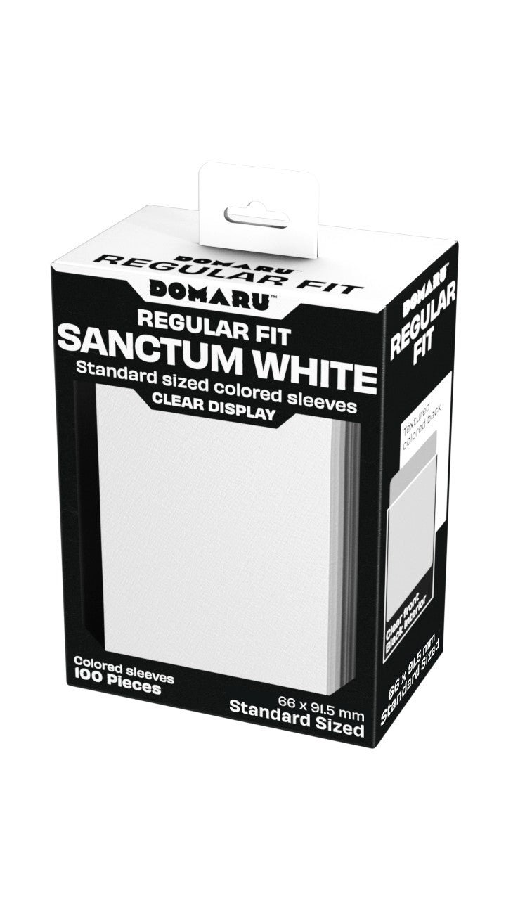 Gatherers' Tavern: Domaru Regular Fit Standard Sized Card Sleeve 100ct - Sanctum White - Box of Gatherers' Tavern Domaru Regular Fit card sleeves in white, 100 count, with clear display window.
