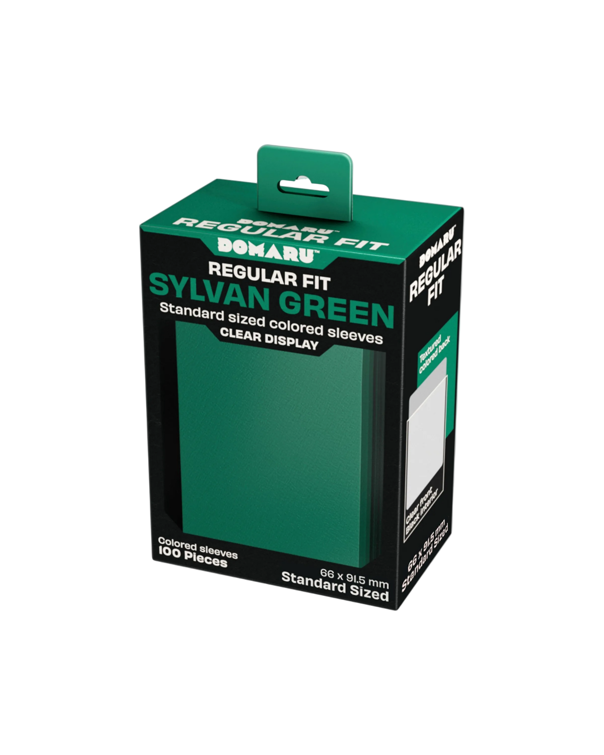 Gatherers' Tavern: Domaru Regular Fit Standard Sized Card Sleeve 100ct - Sylvan Green - Dark green rectangular box with a clear window showing standard-sized card sleeves inside, labeled Sylvan Green.