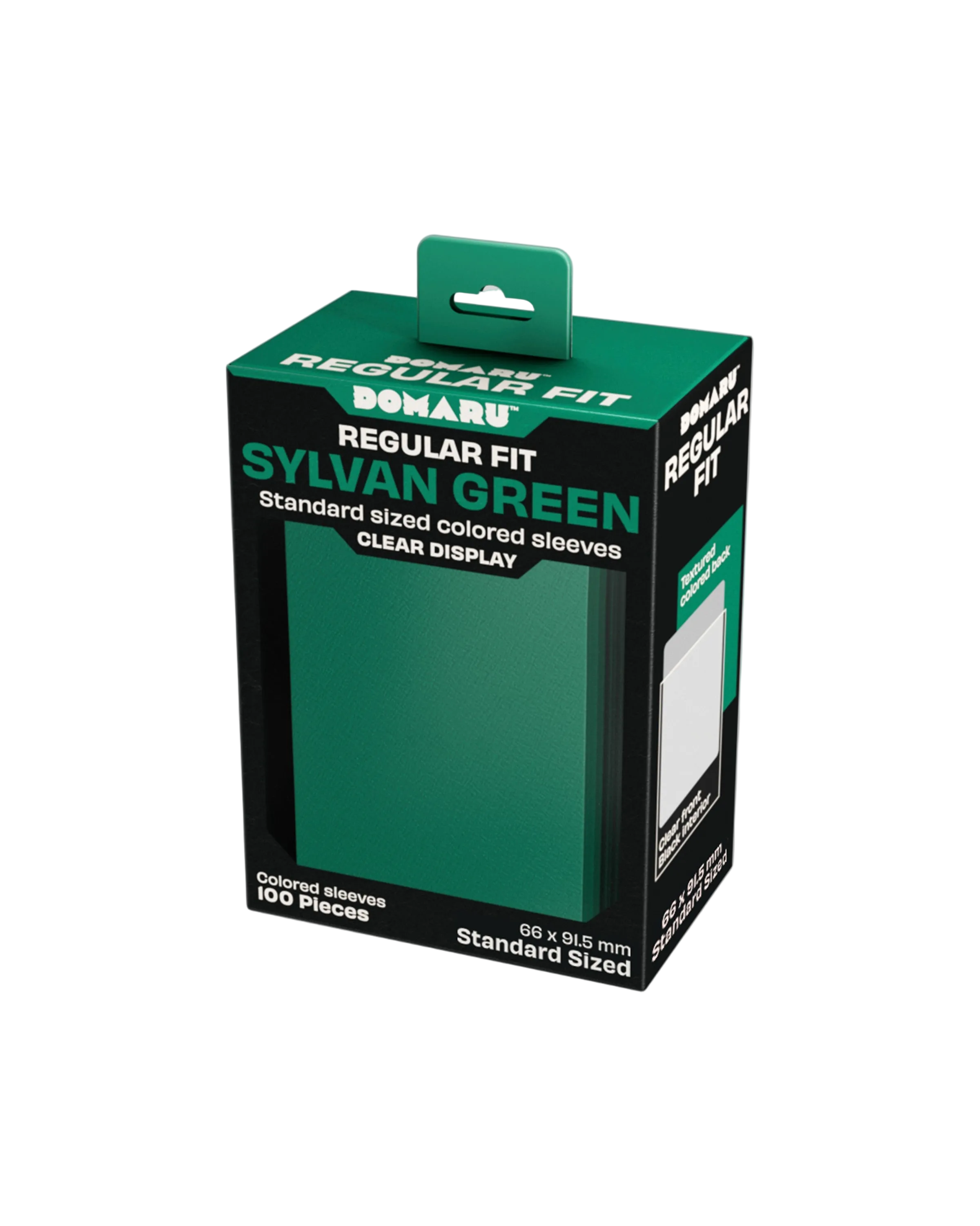 Gatherers' Tavern: Domaru Regular Fit Standard Sized Card Sleeve 100ct - Sylvan Green - Dark green rectangular box with a clear window showing standard-sized card sleeves inside, labeled Sylvan Green.