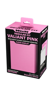 Gatherers' Tavern: Domaru Regular Fit Standard Sized Card Sleeve 100ct - Valiant Pink - Valiant pink card sleeves in a rectangular black and pink box with clear display window and bold black text.