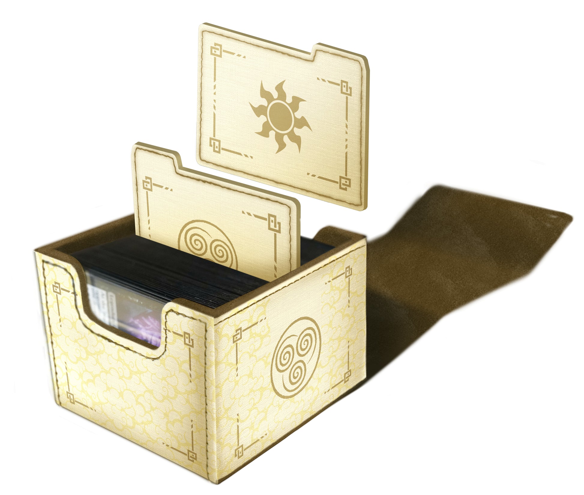 Domaru Deck Box: Magic the Gathering: Avatar The Last Airbender - Air - Tan and cream rectangular deck box with mystical symbols and a magnetic flap, holding Magic the Gathering cards.