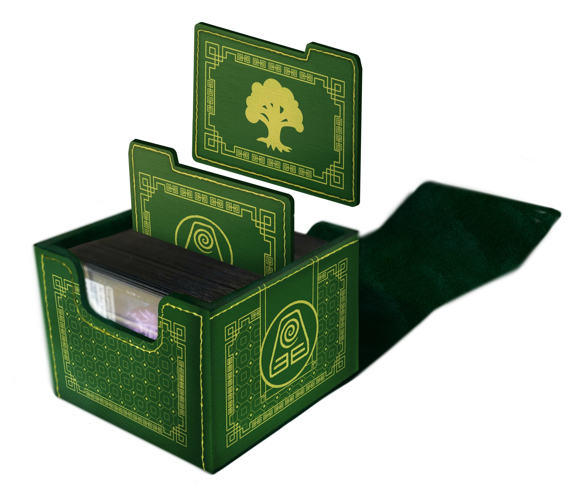 Domaru Deck Box: Magic the Gathering: Avatar The Last Airbender - Earth - Green rectangular deck box with gold earthbending symbols and a tree emblem, fabric interior lining.