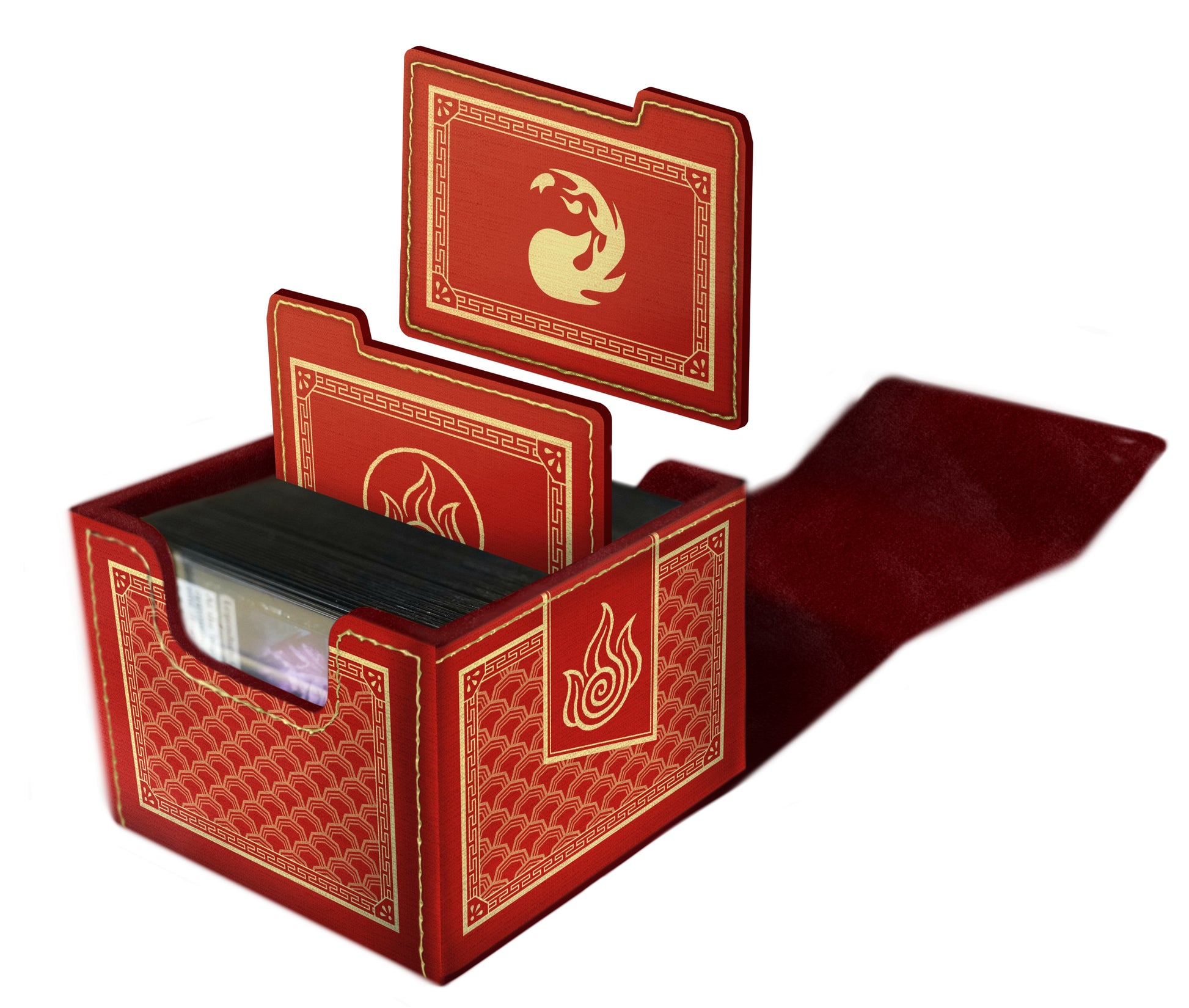 Domaru Deck Box: Magic the Gathering: Avatar The Last Airbender - Fire - Red rectangular deck box with gold fire emblem and intricate border, designed for card storage.