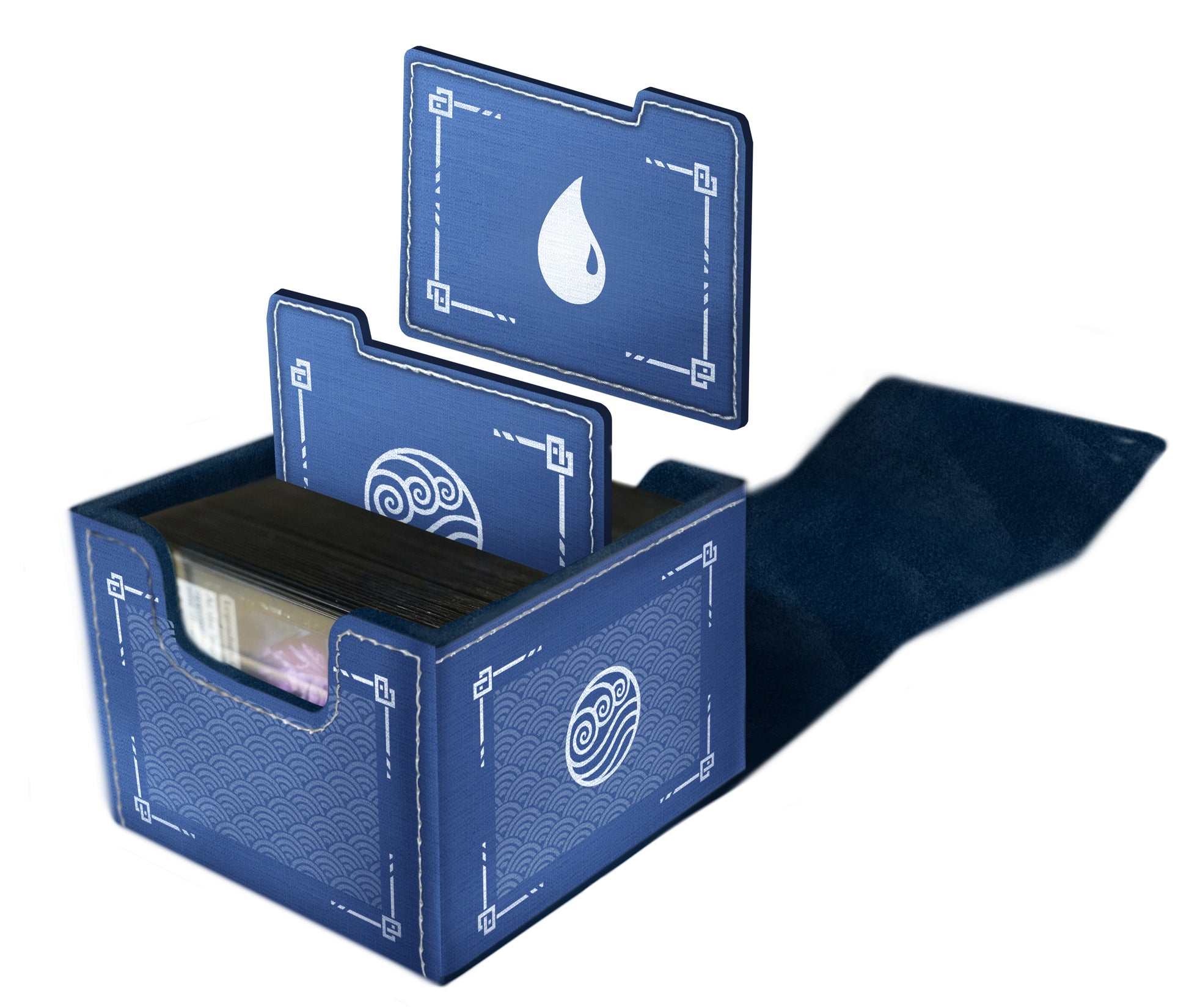 Domaru Deck Box: Magic the Gathering: Avatar The Last Airbender - Water - Blue rectangular deck box with water element symbols, holding Magic the Gathering cards, open fabric flap.