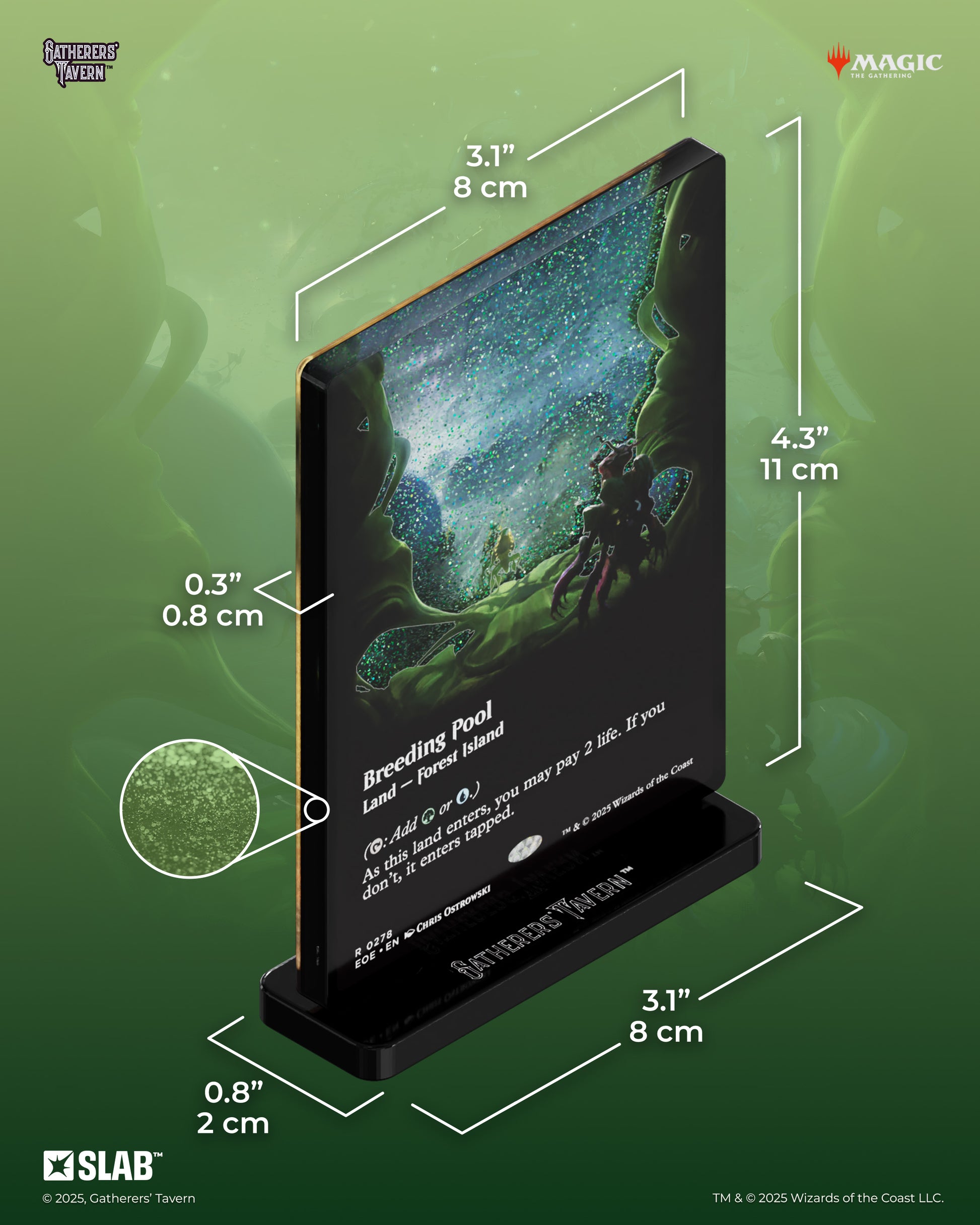 Magic: The Gathering - Breeding Pool Slab Standee - Rectangular acrylic standee with dark green and blue fantasy artwork, text and logo on a black base, measuring 4.3 by 3.