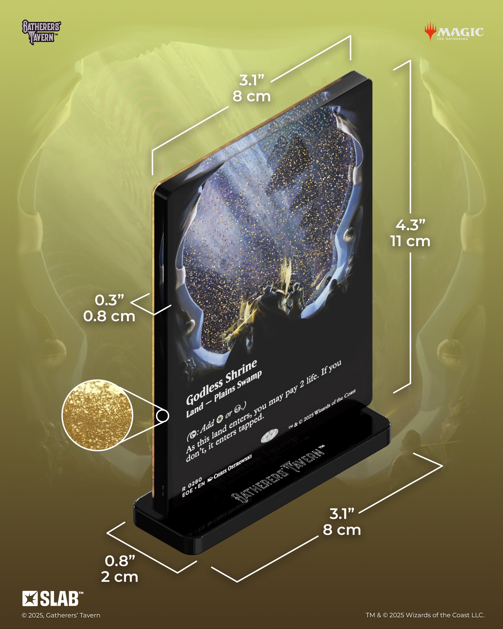 Magic: The Gathering - Godless Shrine Slab Standee - The Gathering Godless Shrine card replica on a black base, featuring dark gothic artwork with blue and gold accents.