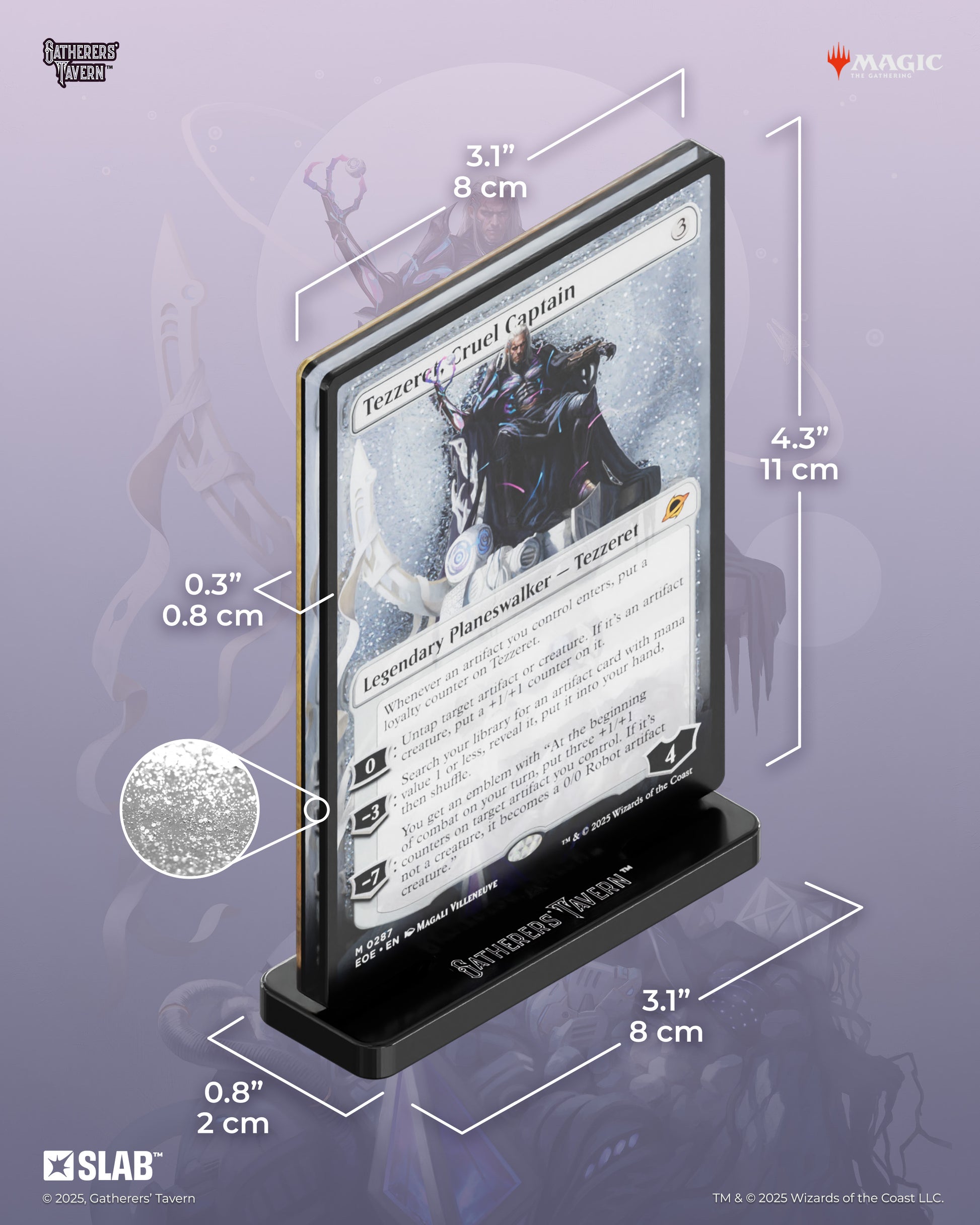 Magic: The Gathering - Tezzeret, Cruel Captain Slab Standee - The Gathering card art of armored character Tezzeret, with clear acrylic frame and sturdy base, measuring 4.3 by 3.1 inches.