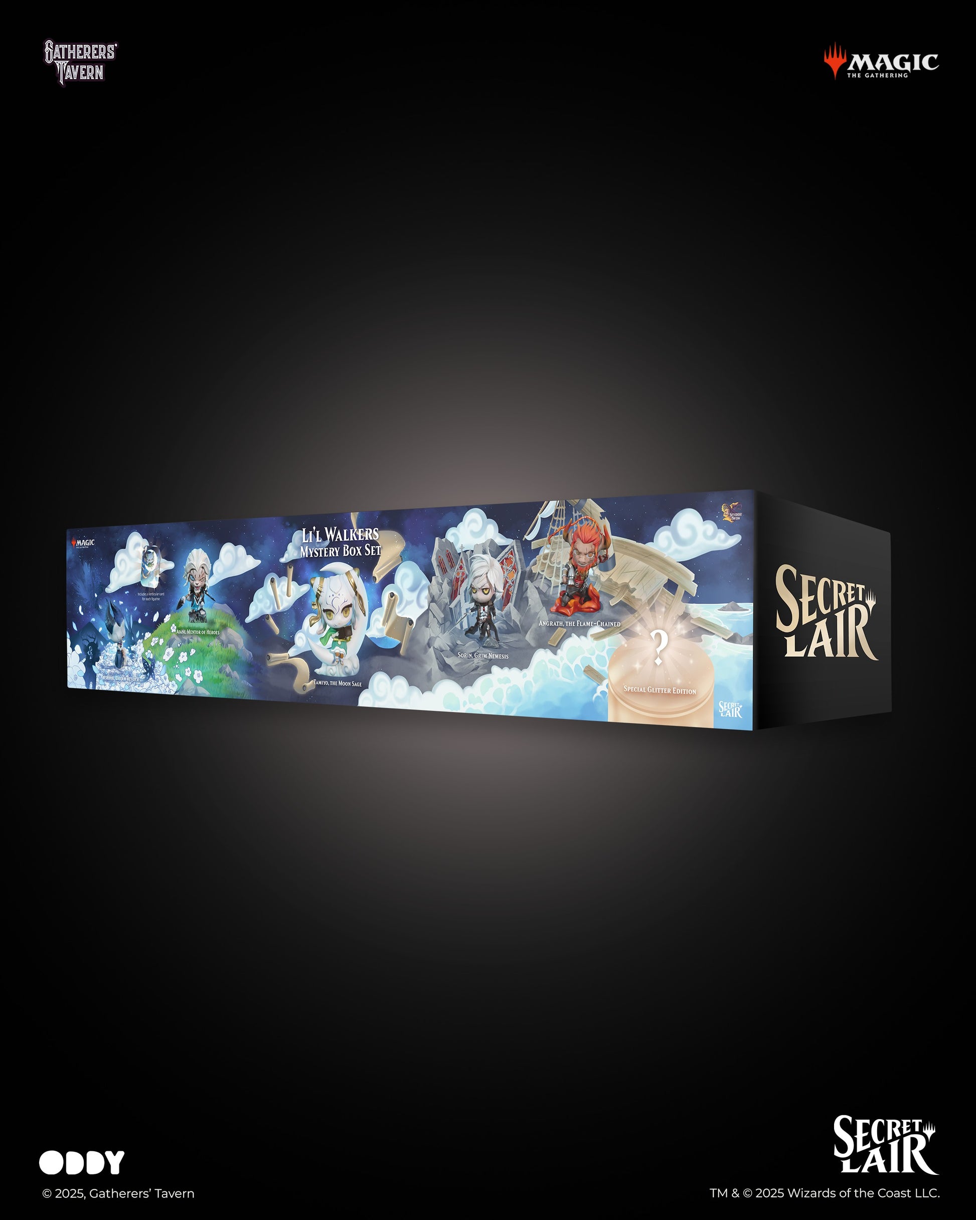 Gatherers' Tavern x Magic The Gathering: Lil Walkers Set of 5 (PREORDER) - Long rectangular box featuring colorful fantasy artwork of five magical characters on a cloud background, with "Secret Lair"