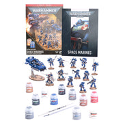 Warhammer 40,000 - Getting Started with Space Marines - Warhammer 40,000 Space Marines starter kit with painted blue miniatures, two books, paint pots, and brushes on white.