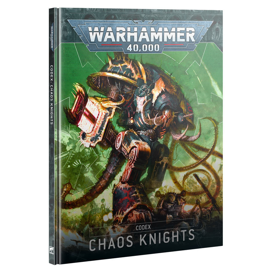 Warhammer 40,000 - Chaos Knights - Codex - Warhammer 40,000 Codex Chaos Knights hardcover with dark green and metallic cover featuring armored Chaos Knight warrior.
