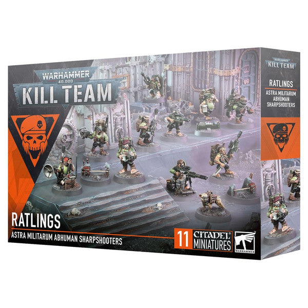 Warhammer 40,000 - Kill Team - Ratlings - Warhammer 40,000 Kill Team Ratlings set with 11 painted miniature rat-like soldiers in green armor holding various rifles on