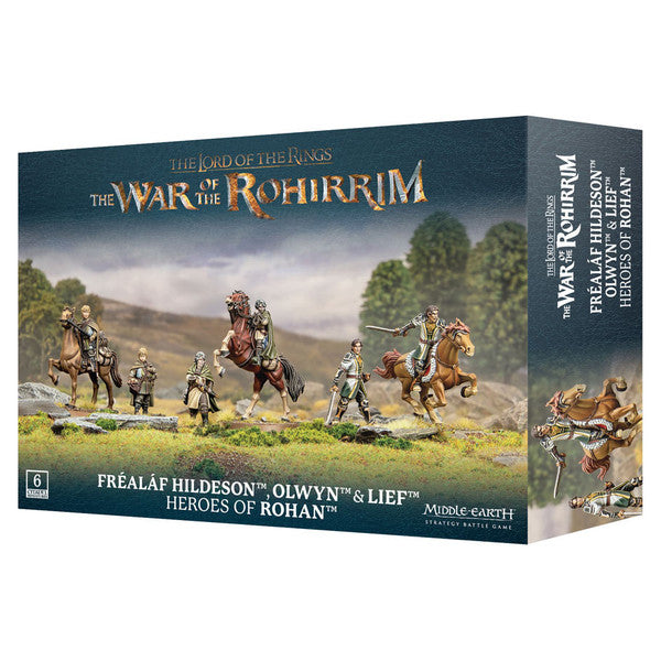 Middle-Earth Strategy Battle Game: Fréaláf Hildeson, Olwyn & Lief, Heroes of Rohan - Boxed set of Middle-Earth Strategy Battle Game featuring detailed painted miniatures of three mounted warriors in Rohirrim.