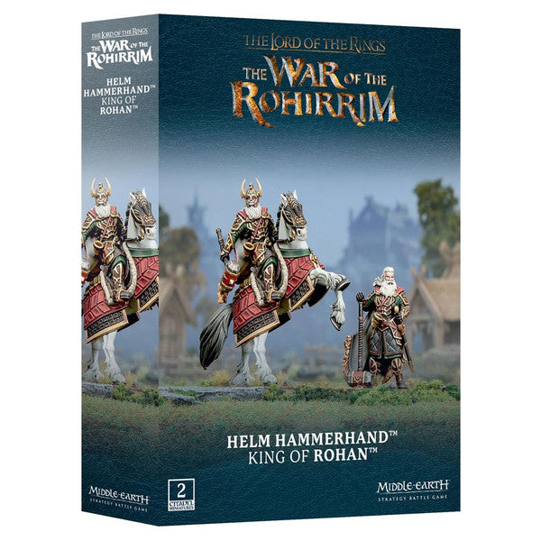 Middle-Earth Strategy Battle Game: Helm Hammerhand, King of Rohan - Boxed set featuring detailed painted miniature of Helm Hammerhand in silver and gold armor riding a horse with red and gold.