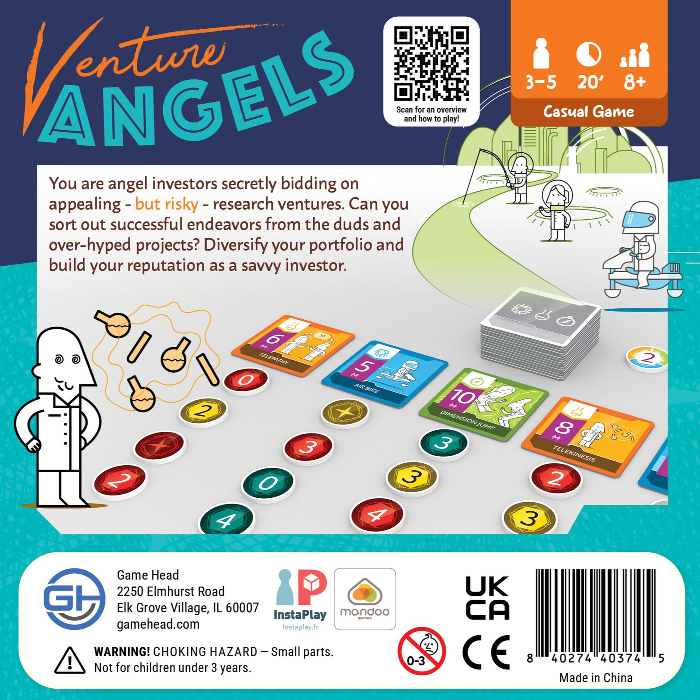 Venture Angels - Venture Angels card game box with colorful chips, cards, and game components on a blue playmat.