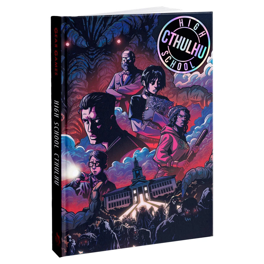 High School Cthulhu: Corebook (PREORDER) - Dark fantasy book cover featuring five illustrated characters against a stormy sky over a lit school building at night.