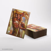 Gamegenic Premium Art Sleeves: Lorwyn Eclipsed - Morcants Loyalist - Stack of glossy card sleeves featuring detailed fantasy art of a warrior with a spear in earthy tones.