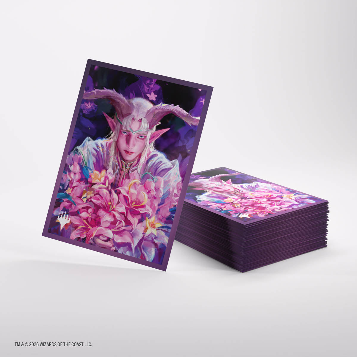 Gamegenic Premium Art Sleeves: Lorwyn Eclipsed - Dawnhand Eulogist - Purple-bordered card sleeves featuring a horned figure surrounded by pink flowers and glowing purple accents.