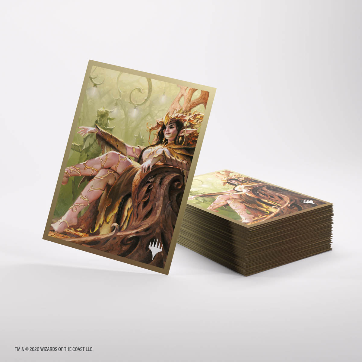Gamegenic Premium Art Sleeves: Lorwyn Eclipsed - High Perfect Morcant - Gamegenic card sleeves featuring fantasy art of a seated woman in pink and brown attire with antler-like headpiece on green.