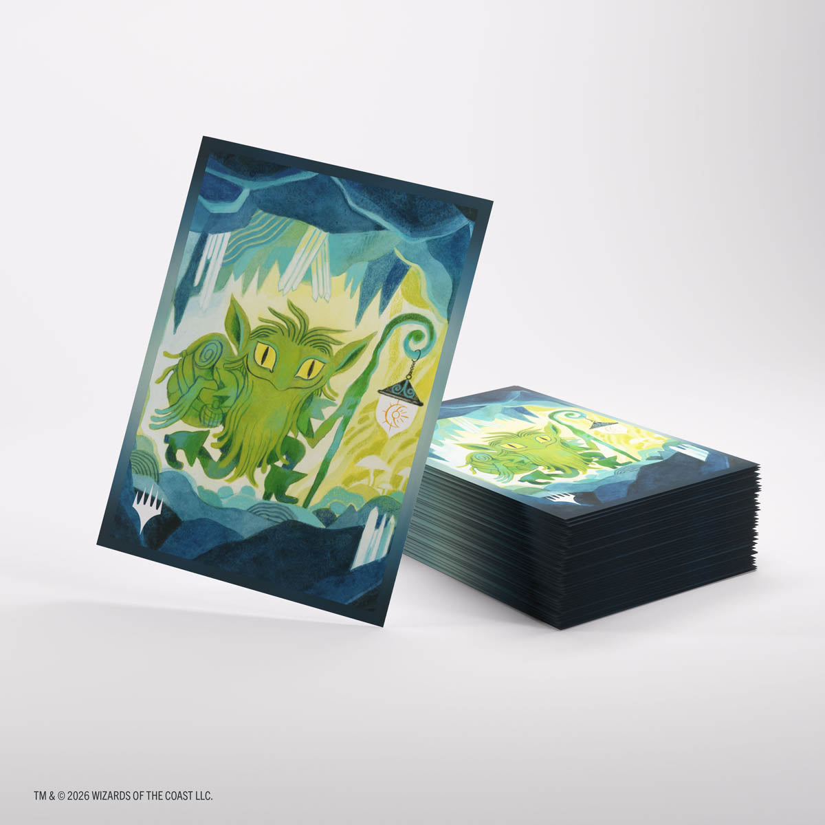Gamegenic Premium Art Sleeves: Lorwyn Eclipsed - Mutable Explorer - Stack of glossy card sleeves featuring green goblin-like character holding a staff in a cave with blue and green tones.