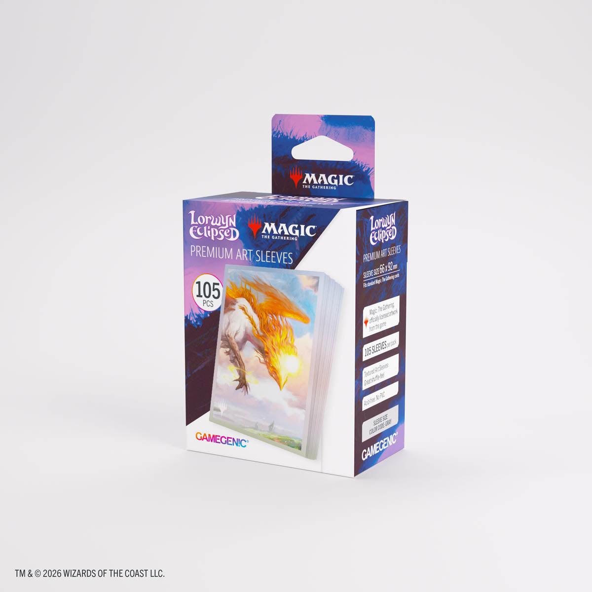 Gamegenic Premium Art Sleeves: Lorwyn Eclipsed - Eirdu, Carrier of Dawn - Gamegenic Premium Art Sleeves box featuring fantasy artwork of a glowing white bird with golden wings against a pastel sky.
