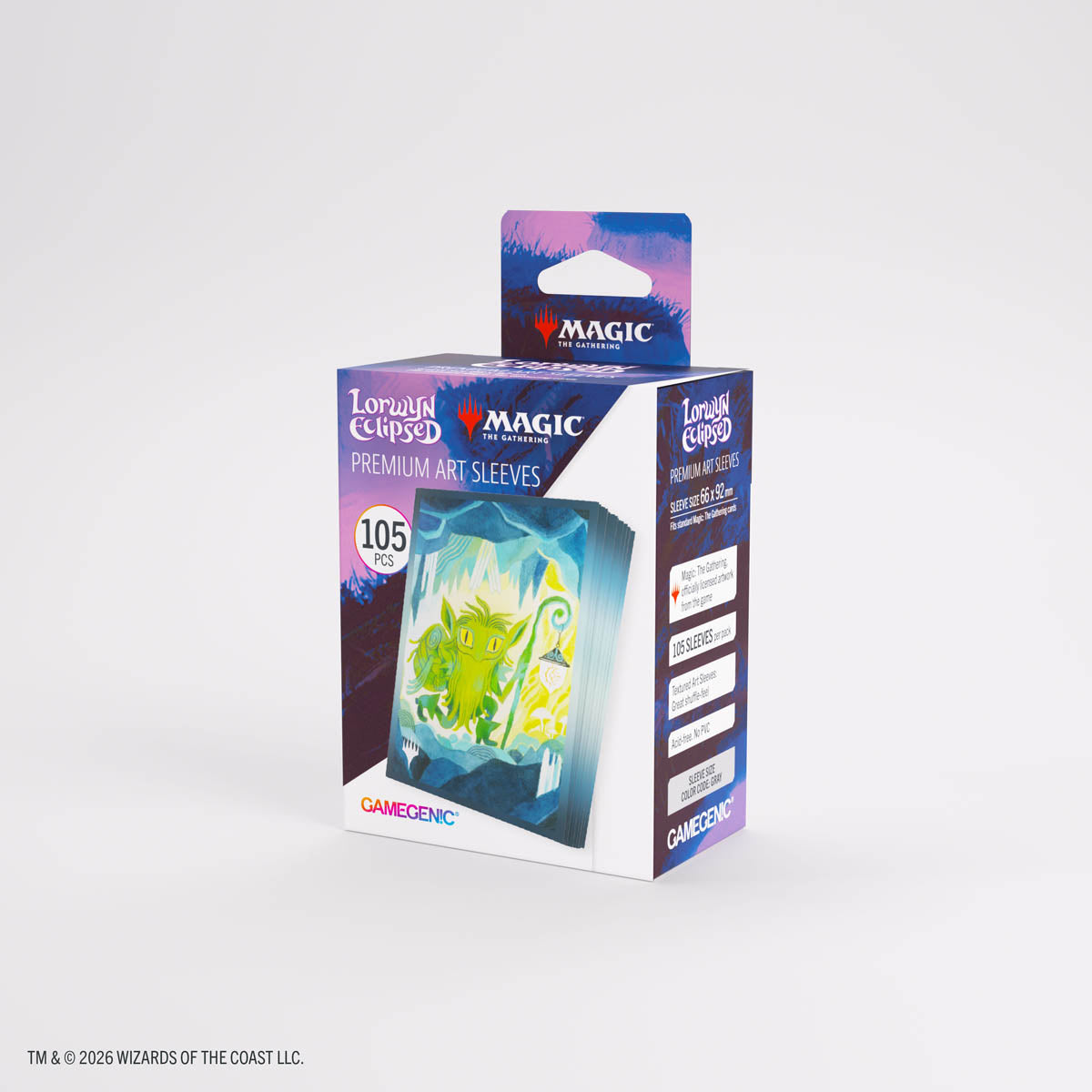 Gamegenic Premium Art Sleeves: Lorwyn Eclipsed - Mutable Explorer - Box of Gamegenic Premium Art Sleeves with vibrant green and blue fantasy artwork from Lorwyn Eclipsed series.