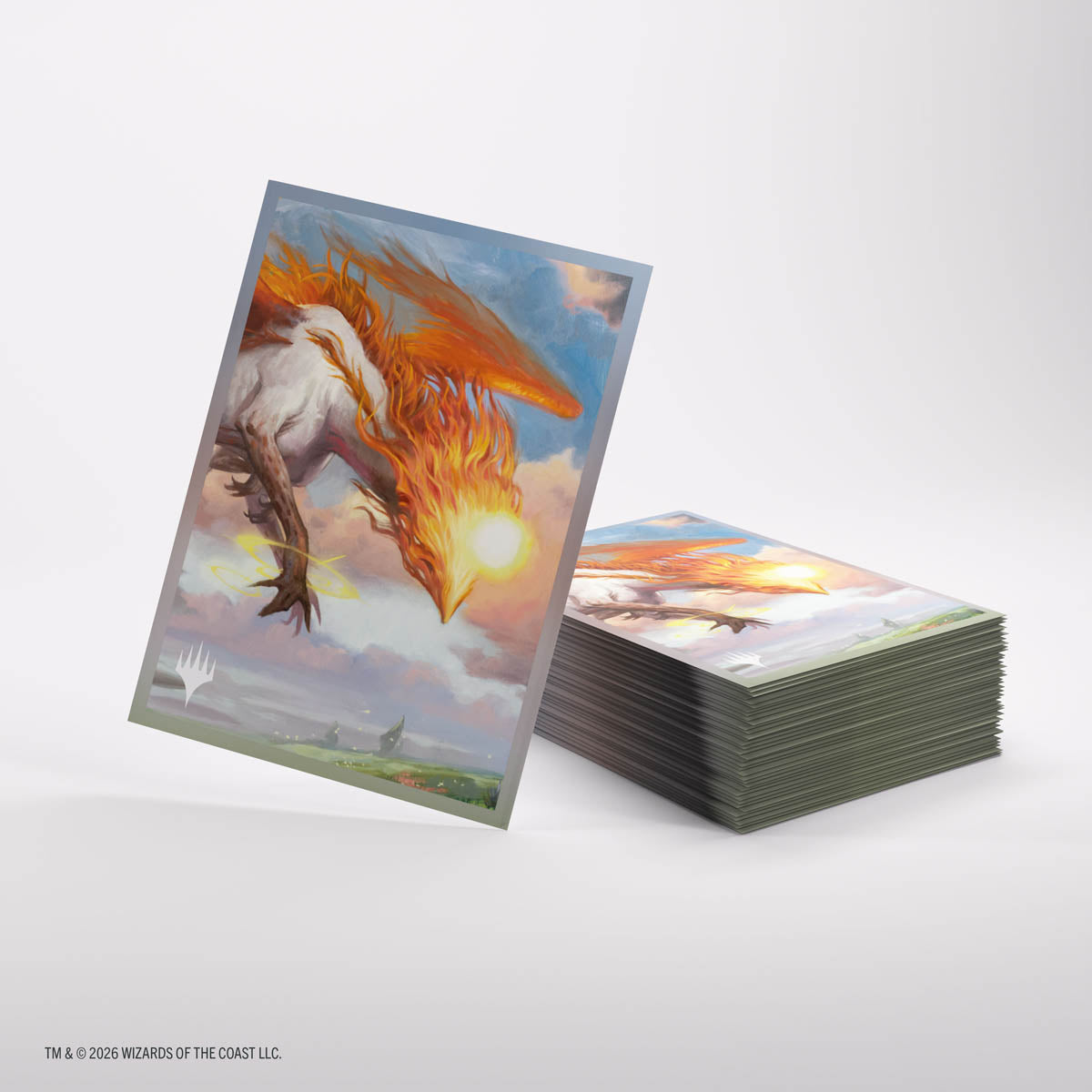 Gamegenic Premium Art Sleeves: Lorwyn Eclipsed - Eirdu, Carrier of Dawn - Magic card sleeve featuring fiery bird with orange and yellow flames against a cloudy sky background.