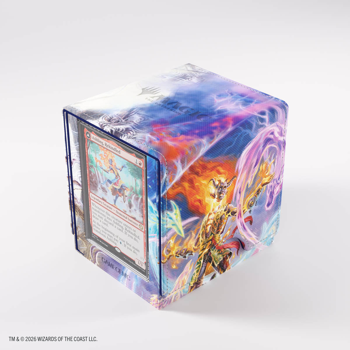 Gamegenic Sidekick PRO 100+ XL: Lorwyn Eclipsed - Ashling, the Limitless/Auntie Ool, Cursewretch - Compact rectangular card storage box with vibrant fantasy artwork featuring fiery and mystical purple-blue tones, designed.