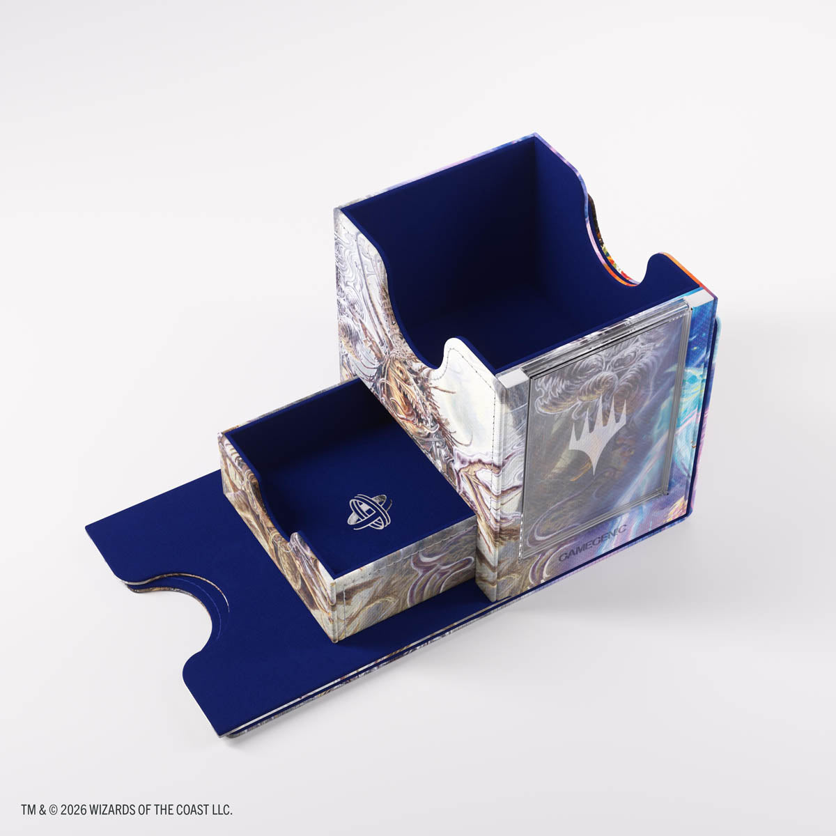 Gamegenic Sidekick PRO 100+ XL: Lorwyn Eclipsed - Ashling, the Limitless/Auntie Ool, Cursewretch - Rectangular card storage box with blue interior, Lorwyn Eclipsed fantasy artwork, and a pull-out drawer holding a single die.