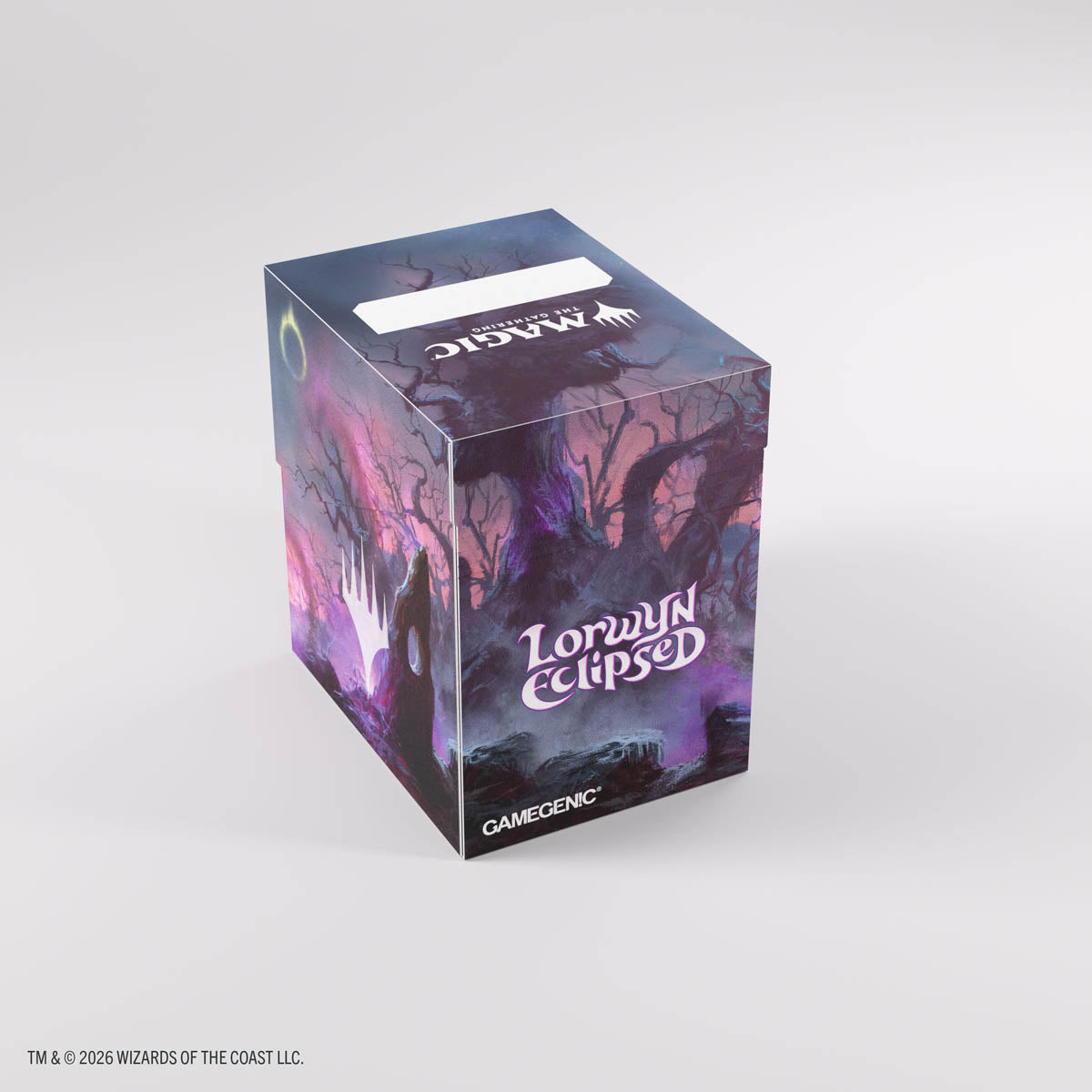 Gamegenic Soft Crate 80+: Lorwyn Eclipsed - Moonshadow - Rectangular soft card storage box with dark purple and blue forest artwork, "Lorwyn Eclipsed" logo, and a white label area.