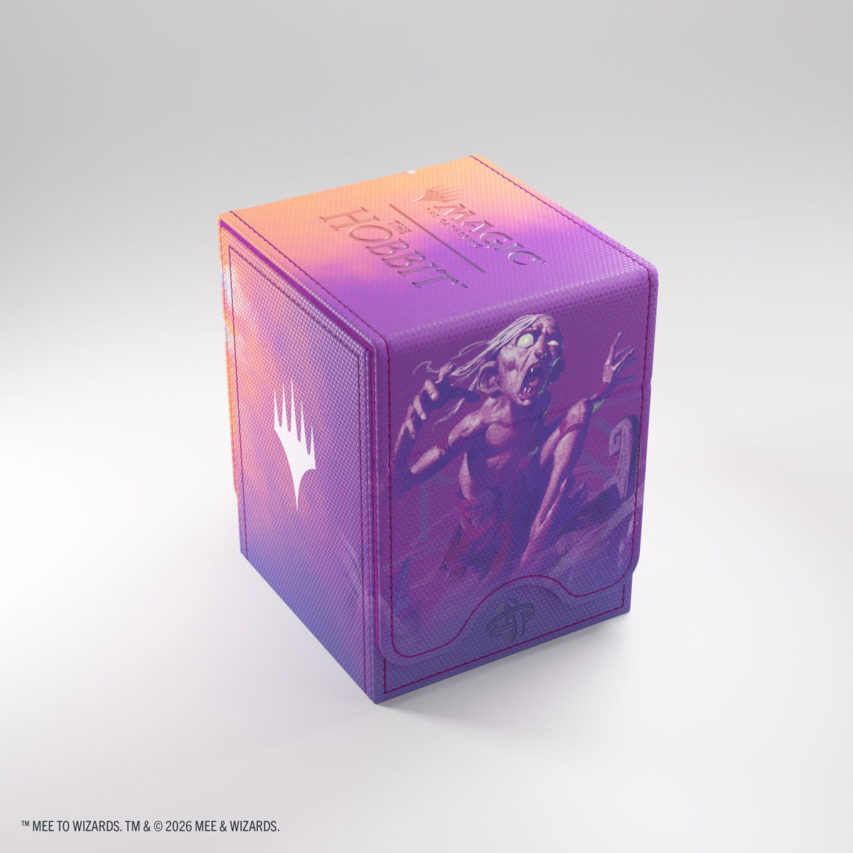 The Hobbit Squire 80+ XL - Gollum, Riddle Master/The Lonely Mountain - Purple and orange rectangular deck box featuring artwork of Gollum from The Hobbit, designed for Magic The Gathering cards.