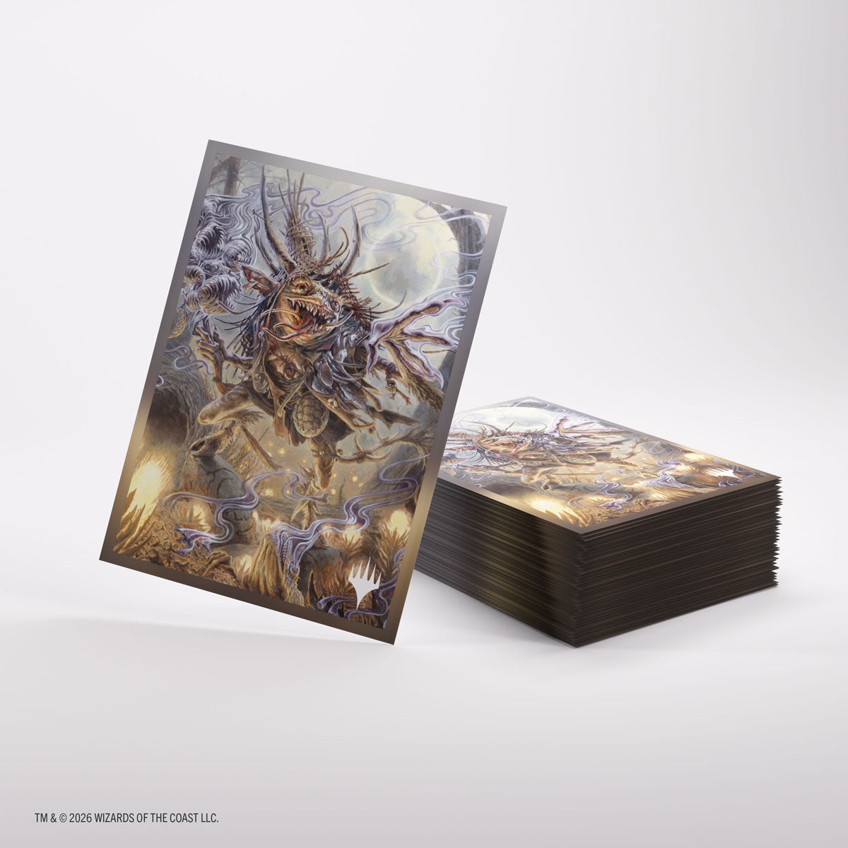 Gamegenic Premium Art Sleeves: Lorwyn Eclipsed - Auntie Ool, Cursewretch (PREORDER) - Set of glossy card sleeves featuring dark, eerie artwork of a skeletal figure with antlers under a full moon, purple and.