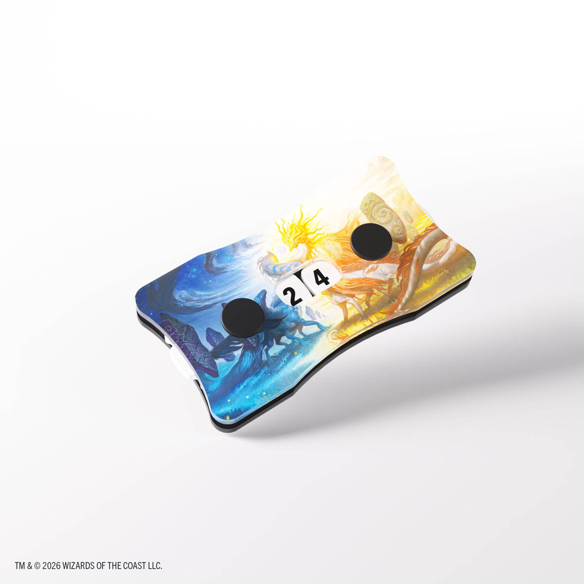 Gamegenic Double Life Counter: Lorwyn Eclipsed - Celestial Reunion (PREORDER) - Rectangular life counter with rounded edges, featuring blue and gold celestial artwork and black rotating dials displaying.