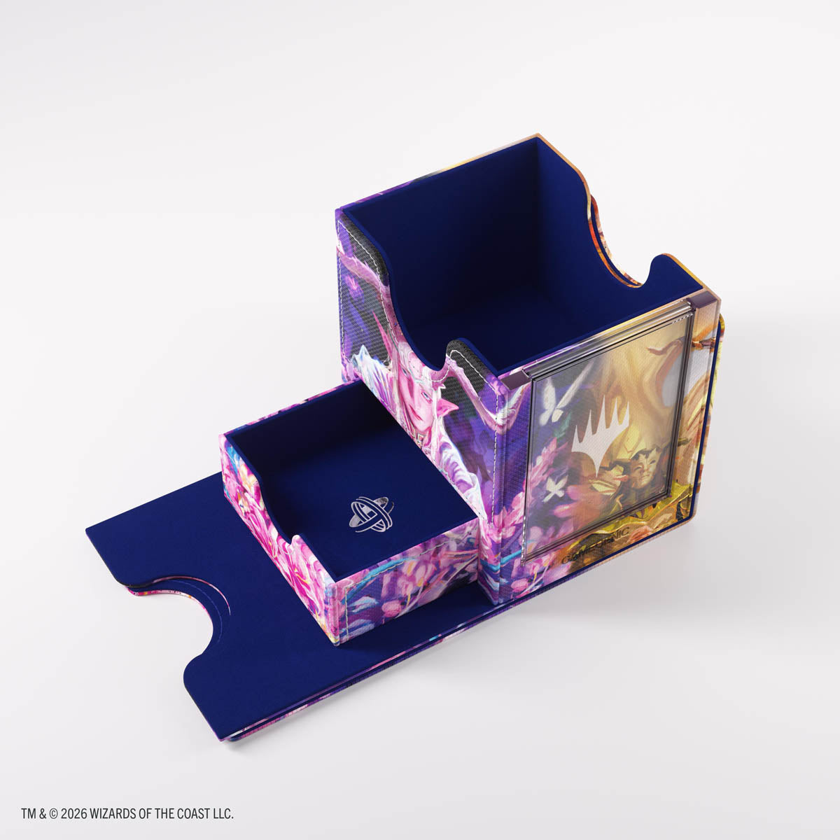 Gamegenic Sidekick PRO 100+ XL: Lorwyn Eclipsed - Morcants Loyalist/Dawnhand Eulogist - Blue and purple card storage box with fantasy artwork and a removable tray containing a single die.