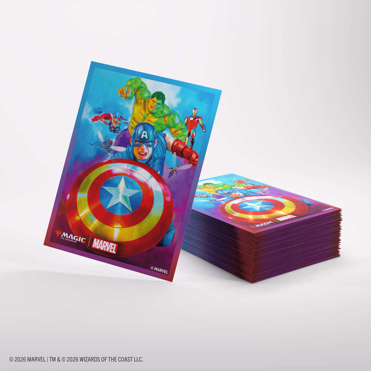 Gamegenic Premium Art Sleeves: Marvel Super Heroes - Captain America, Team Leader - Glossy card sleeves featuring Captain America with vibrant blue, red, and white colors and Marvel logo, stacked beside one.