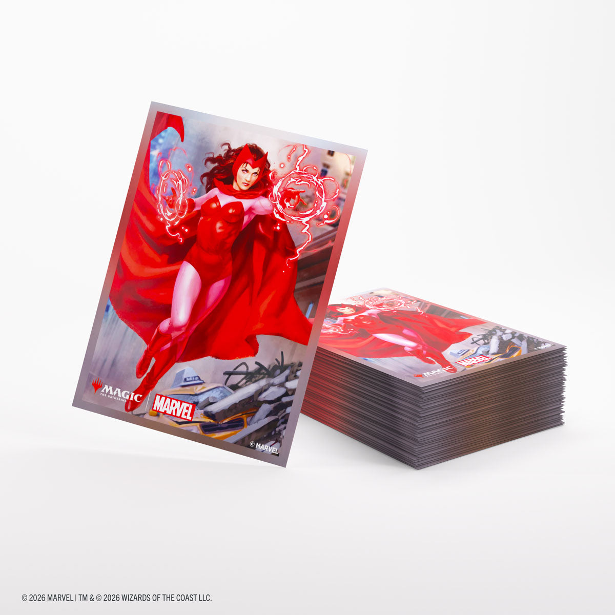 Gamegenic Premium Art Sleeves: Marvel Super Heroes - The Scarlet Witch - Card sleeve featuring Scarlet Witch in red costume with glowing magical effects on a white background.