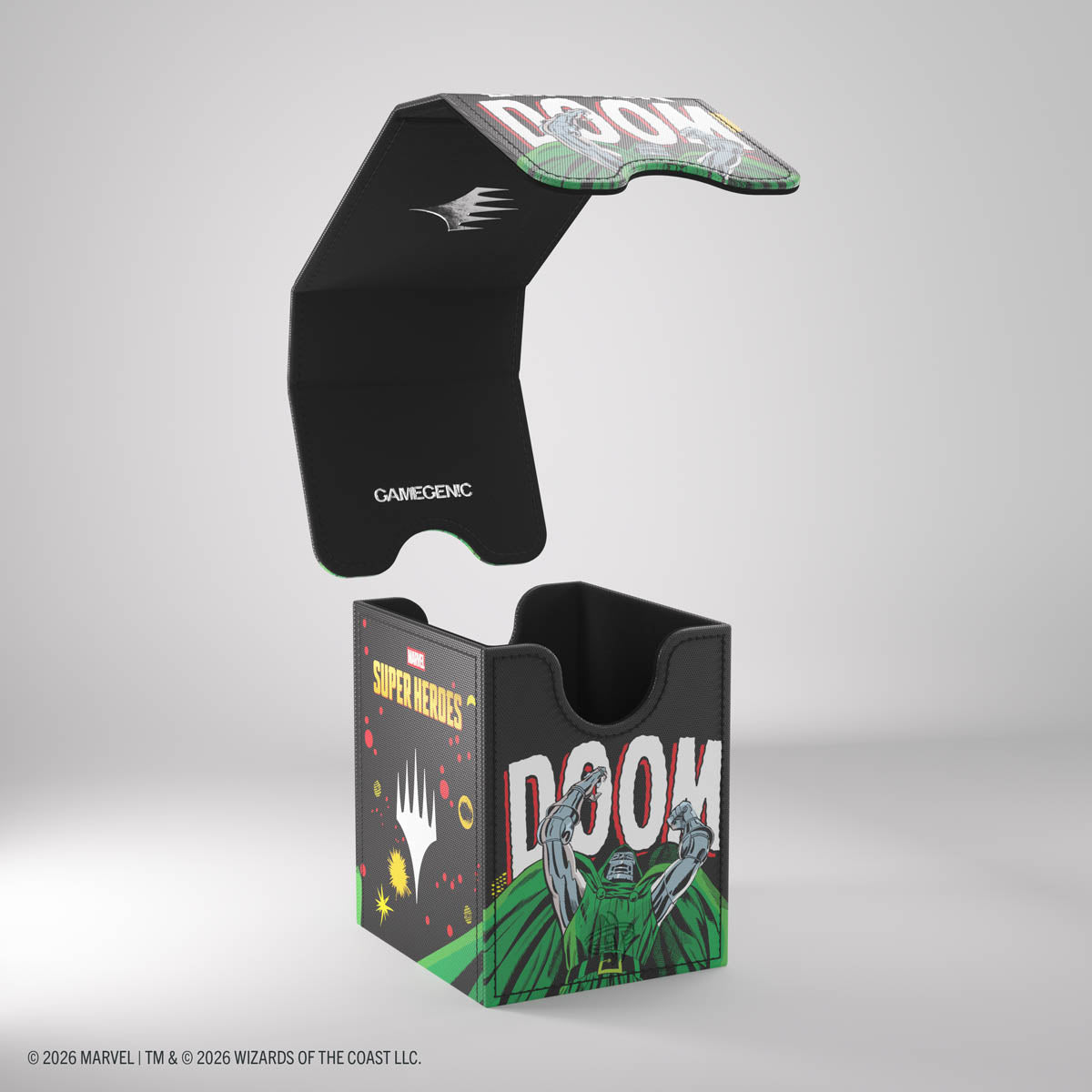 Gamegenic Squire 100+ XL Deck Box: Marvel Super Heroes - Doctor Doom - Black rectangular deck box with hinged lid featuring green, white, and red Doctor Doom graphics and bold "DOOM" text.