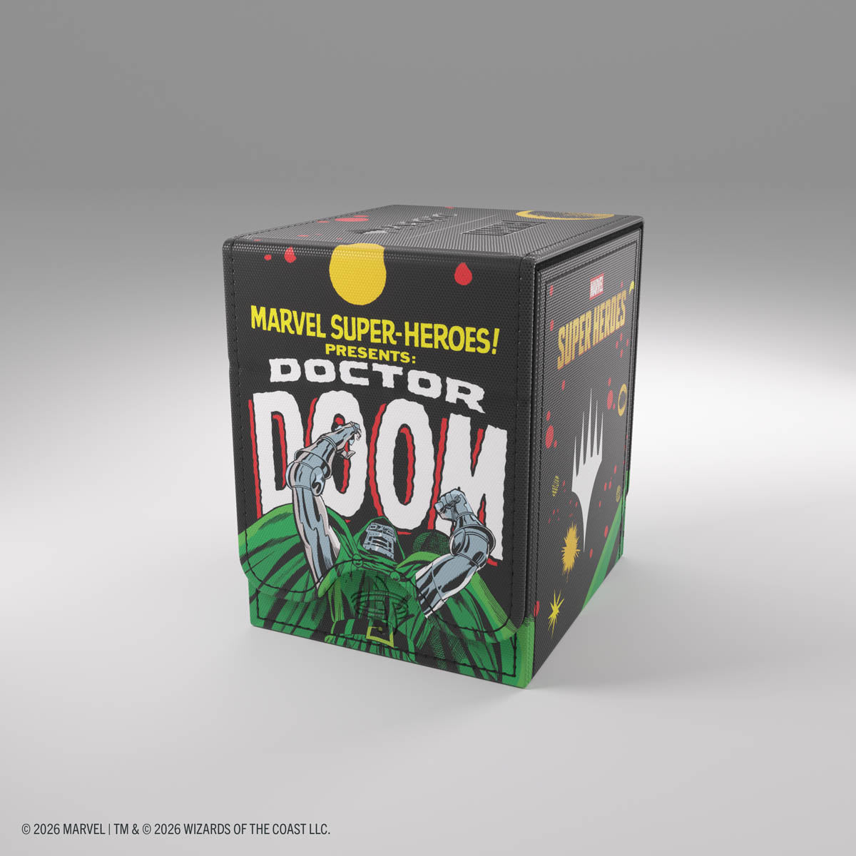 Gamegenic Squire 100+ XL Deck Box: Marvel Super Heroes - Doctor Doom - Black rectangular deck box featuring Doctor Doom artwork with green armor and metal hands, Marvel branding, and bold yellow.