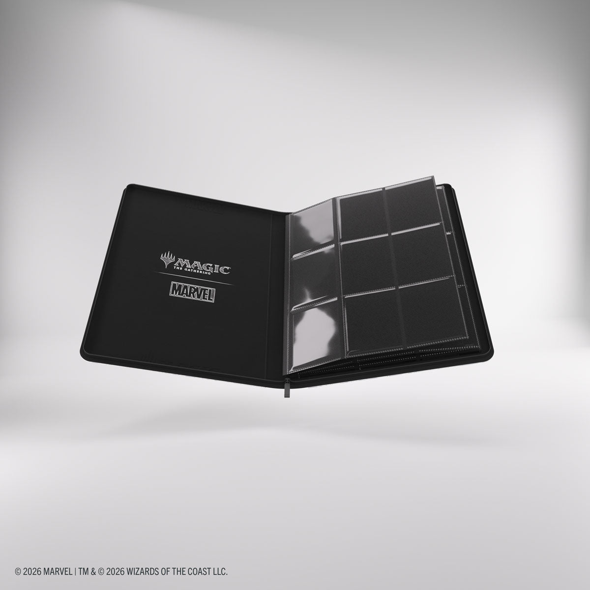 Gamegenic 18-Pocket Zip-Up Album: Marvel Super Heroes - Marvel Age - Black zip-up card album with 18 clear 9-pocket plastic pages, featuring Marvel and Magic logos on the cover.