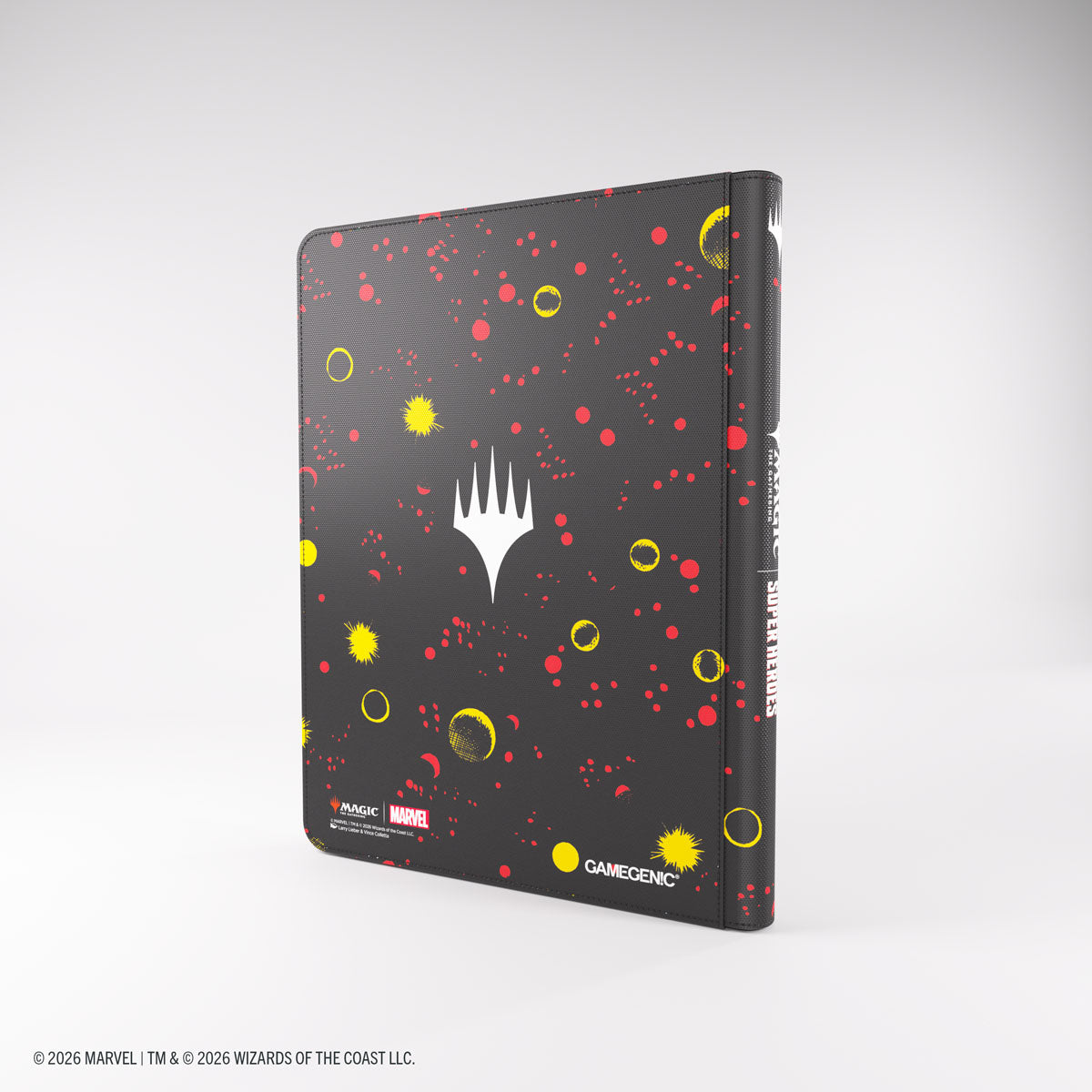 Gamegenic 18-Pocket Zip-Up Album: Marvel Super Heroes - Doctor Doom - Black zip-up card album featuring Doctor Doom with red splatters and yellow circular designs, 18-pocket capacity.