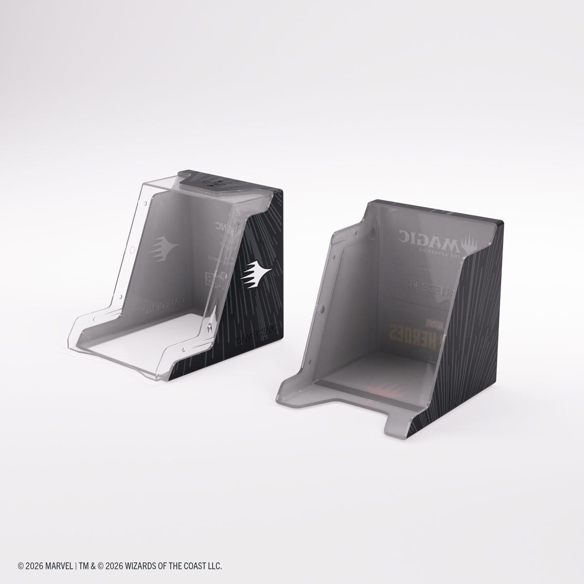 Gamegenic Bastion 100+ XL Deck Box: Marvel Super Heroes - Comic Burst Black - Two black Gamegenic Bastion XL Deck Boxes side by side, one open showing interior space, both with angular design and subtle