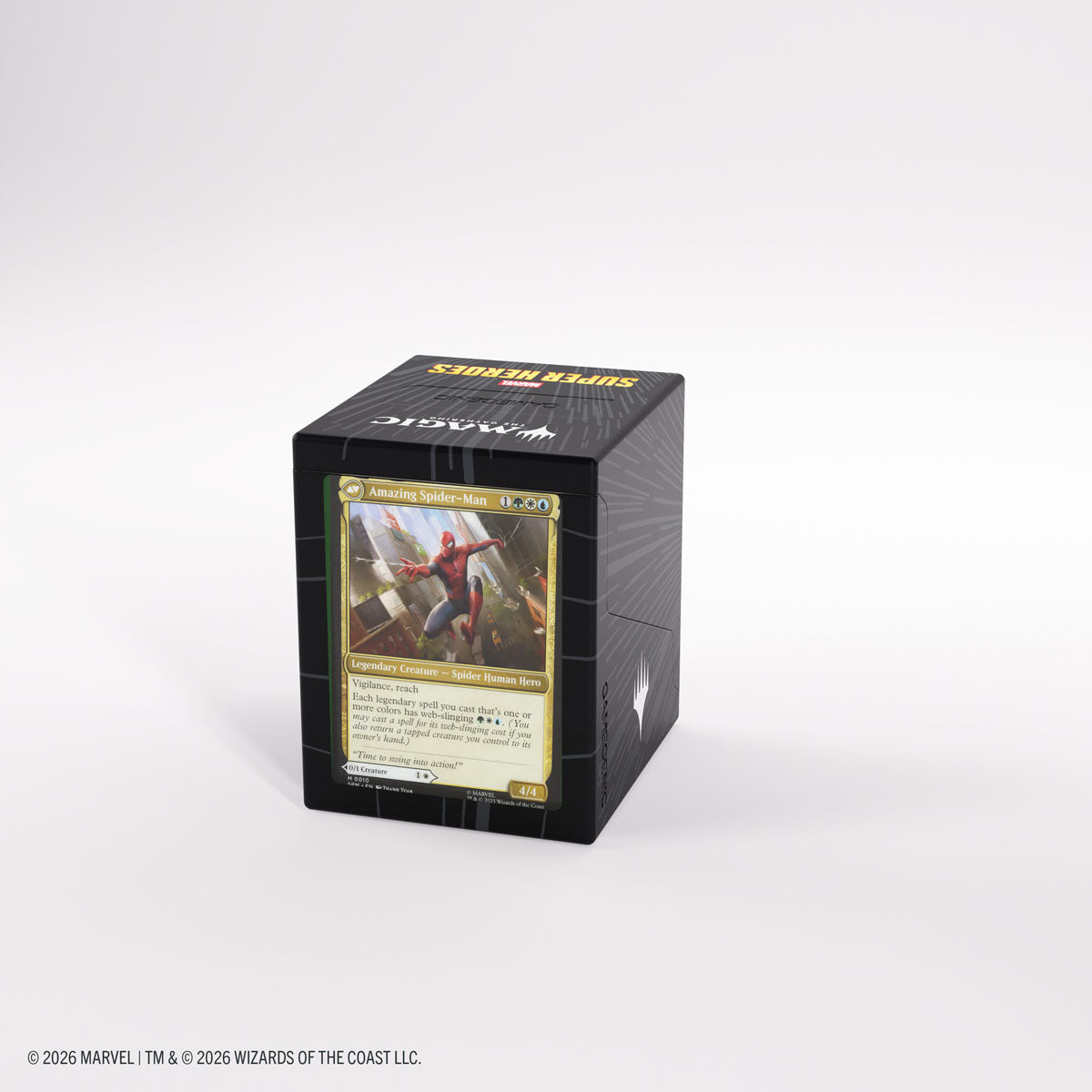Gamegenic Bastion 100+ XL Deck Box: Marvel Super Heroes - Comic Burst Black - Black rectangular deck box with textured surface, featuring a vibrant Marvel superhero card visible through a clear front.