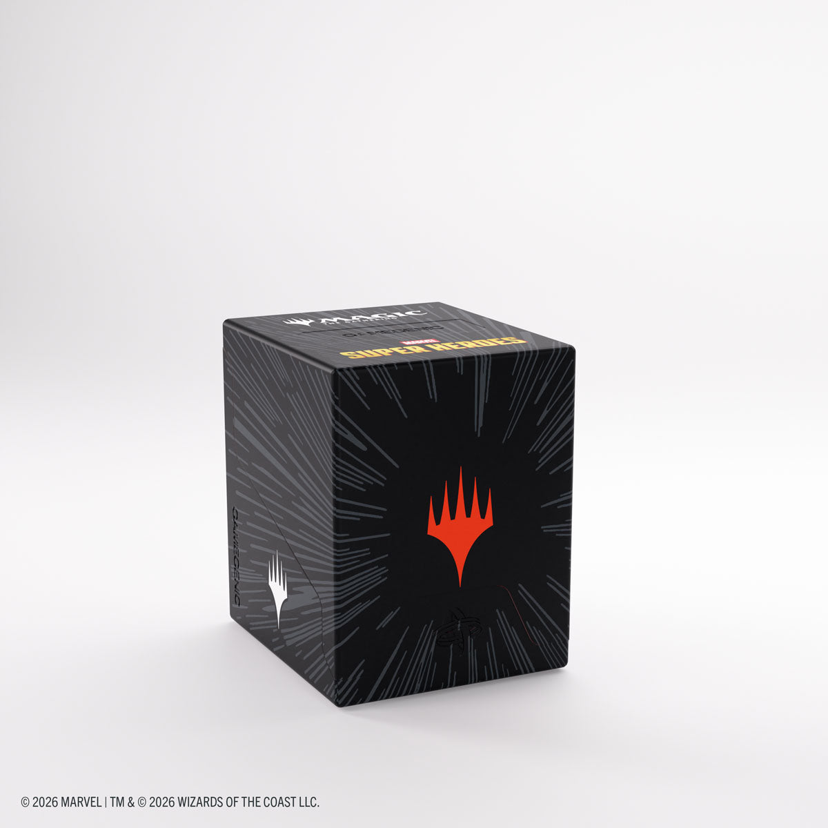 Gamegenic Bastion 100+ XL Deck Box: Marvel Super Heroes - Comic Burst Black - Black rectangular deck box with a red emblem and radiating comic-style burst lines on its surface.